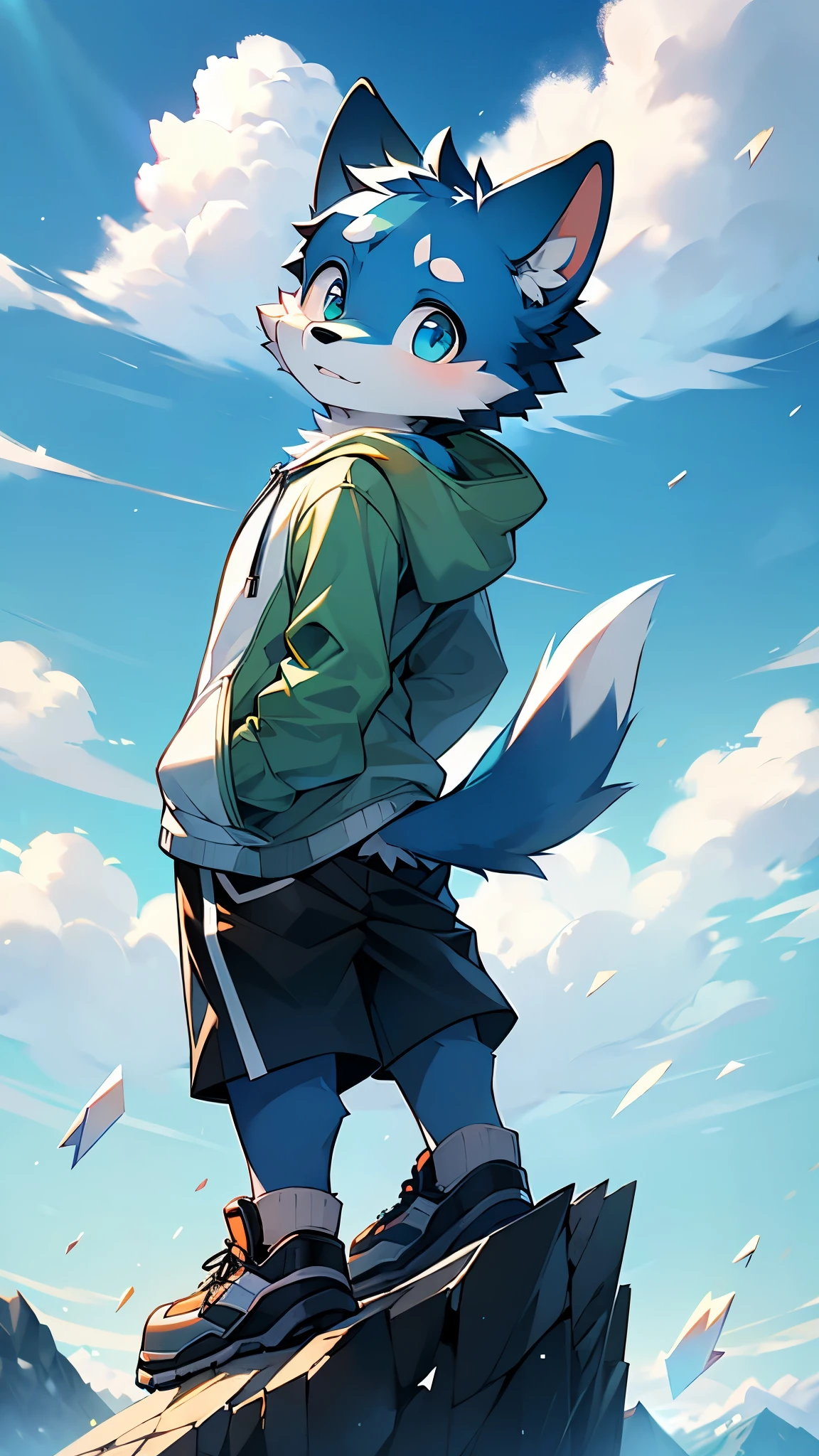 Dog, , solo, blue fur, green big eyes, white hoodie, brown shorts, black sports shoes, standing on the top of mountain, blue sky and white clouds, real light and shadow, glass fragments, reflected light, ultra fine