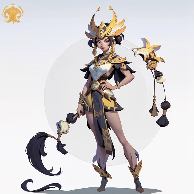 ((top-quality))、((Masterpiece artwork))、((full body photo of a woman))、((very simple background))、(game character design),European and American cartoons,amazon warrior,O original dura,Animal fur,cartoony、Ivory Ornaments、standing alone、posture of fight,riot game concept art, black backdrop