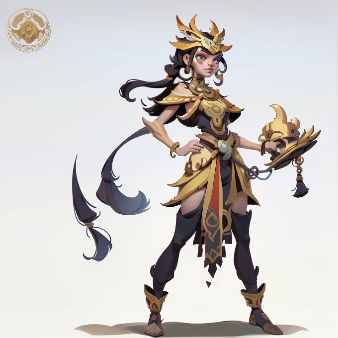 ((top-quality))、((Masterpiece artwork))、((full body photo of a woman))、((very simple background))、(game character design),European and American cartoons,amazon warrior,O original dura,Animal fur,cartoony、Ivory Ornaments、standing alone、posture of fight,riot game concept art, black backdrop