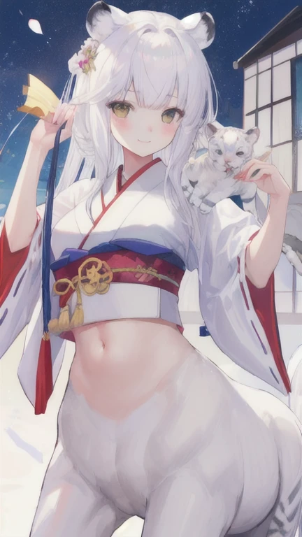 (best quality, masterpiece), 1 girl, centaur, It takes,Japanese ,smiley face,exposing the abdomen, belly button t-shirt,아름다운 소녀 perfect white tiger photo, perfect white tiger photo