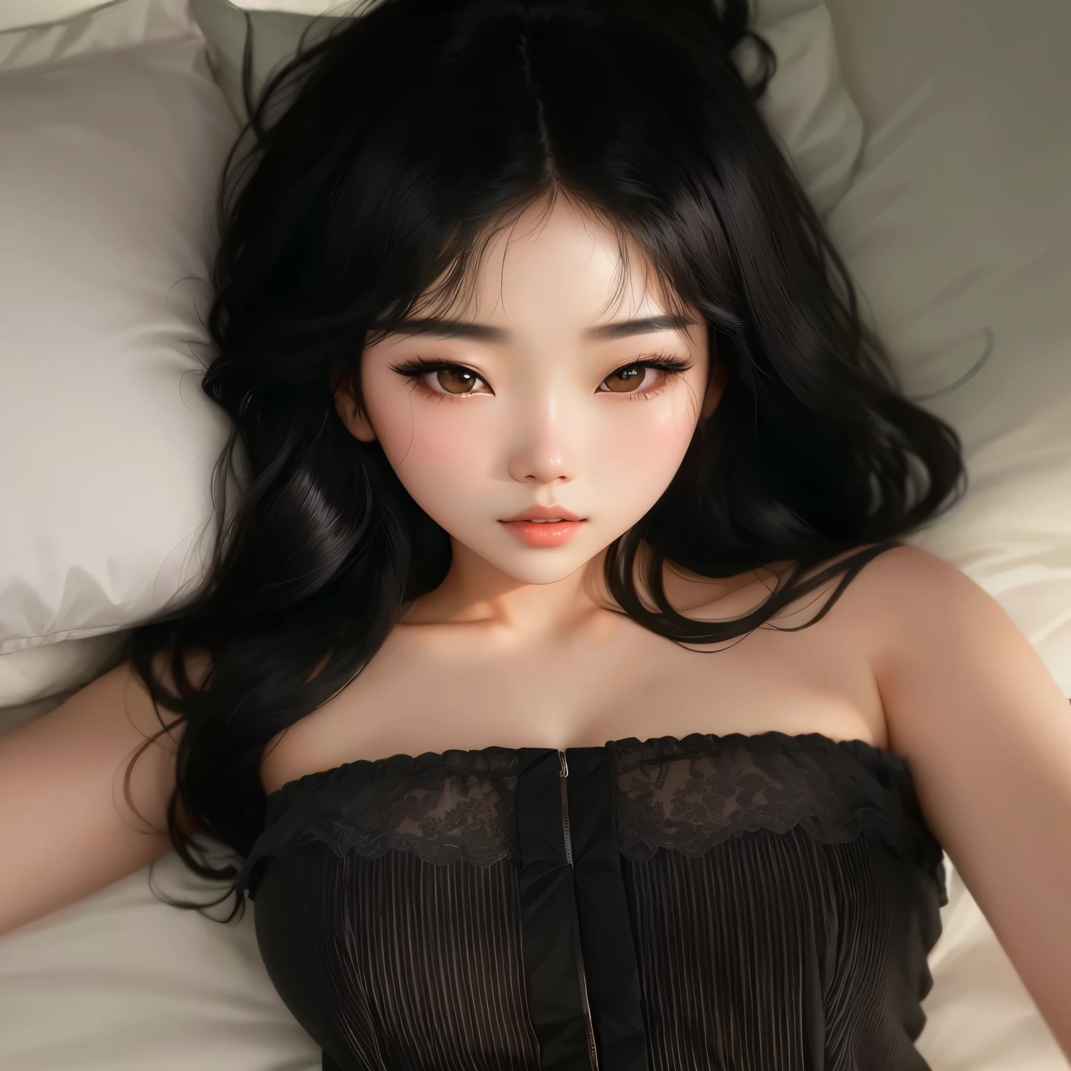 a close-up of a woman lying on a bed with a pillow, linda jovem korean, young lovely korean face, adorable and pale korean face, ulzzang, linda mulher sul-korean, linda jovem korean, jaeyeon nam, with beautiful passionate eyes, korean, Jinyoung Shin, heonhwa choe, Olhos do quarto, beautiful asian girl