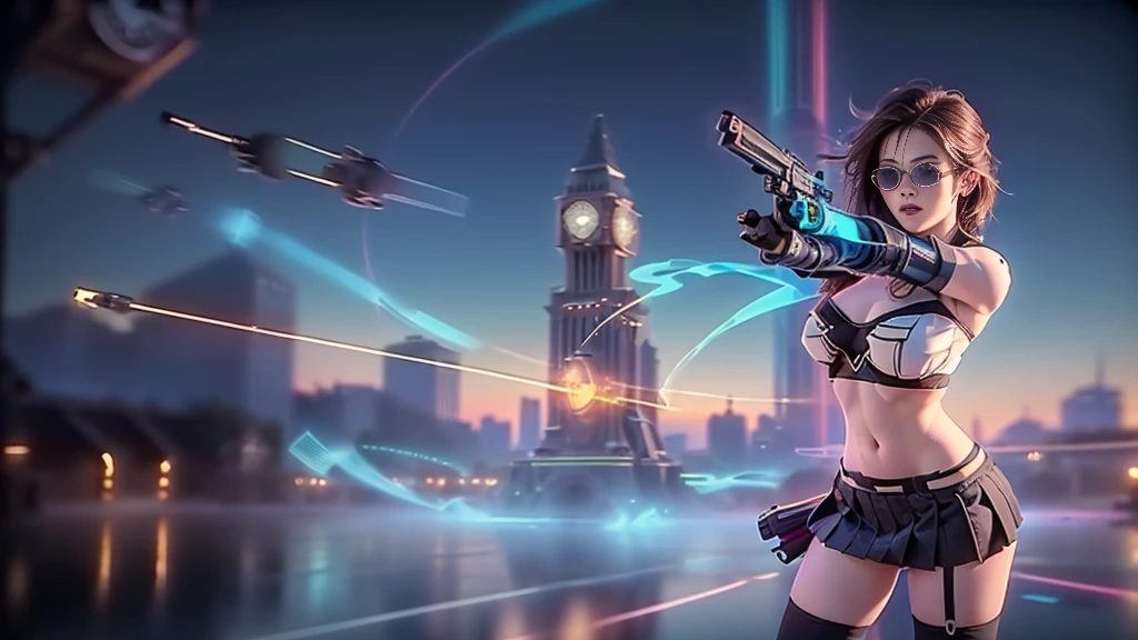 (aerial view). at night, futuristic sci-fi cyberpunk city, broad viaduct, skyscrapers at the end of the viaduct, the movie "13th Floor" style, (((((voltex-spirit-spreading giant clock tower as time machine))))), hq. Matrix style, at night, (1girl, solo), photo realistic, (large-breast:1.2 slim body, cleavage:1.3), (((tube top, extreamly short pleated (((miniskirt)))))), (((((matrix style black sunglasses))))), (((((aiming at camera with a (short:0.8 pistol)))))), (((half-body (thigh level) medium shot))), (cinematic lighting).