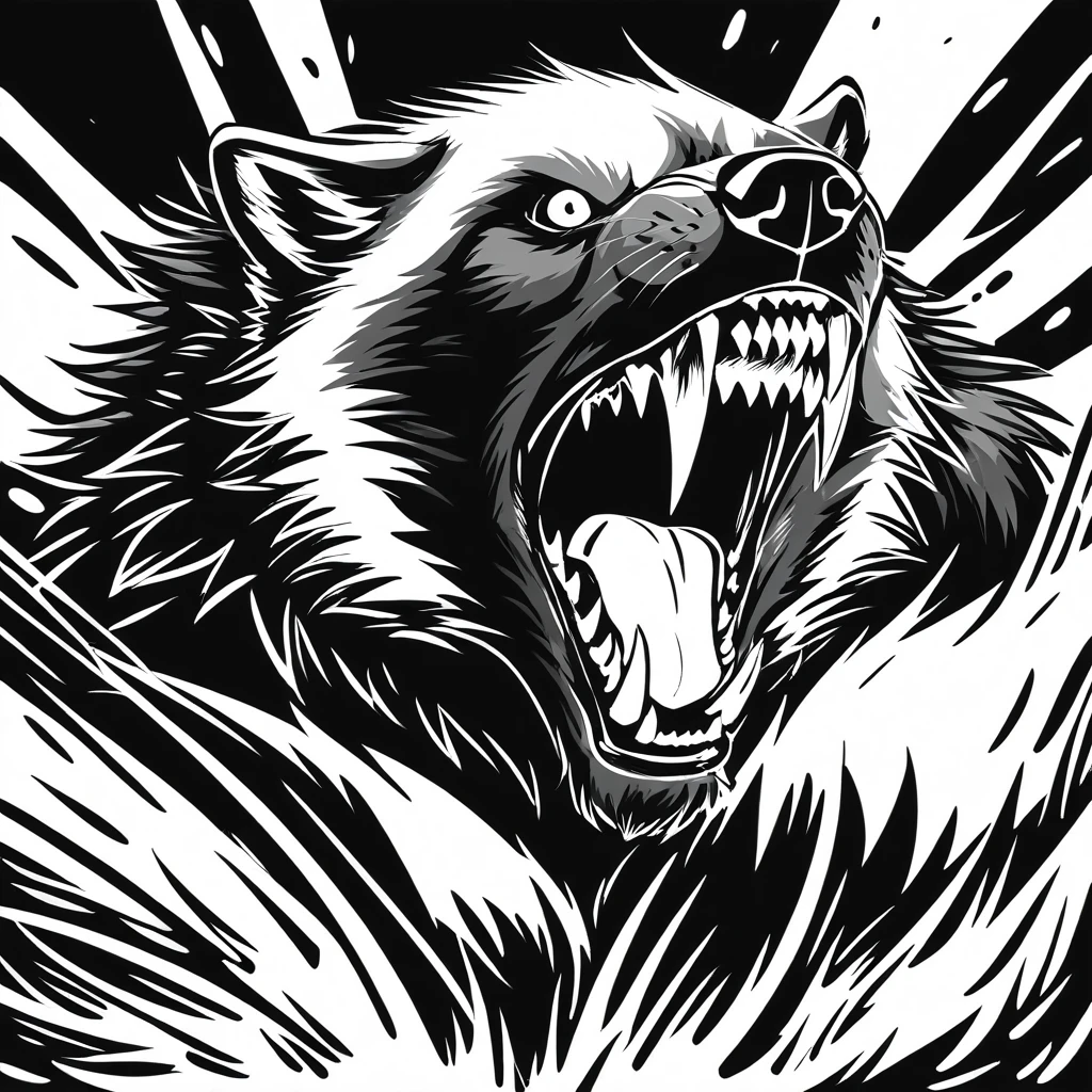 screaming angry wolverine in black and white art style