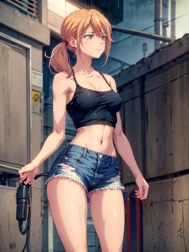 Girl, short tight shorts, Shirt unbuttoned, Bare breasts, chest visible, street background, openlegs, Narrow passage between houses, night, rain, slim body, slim ass, Sneakers, In full growth