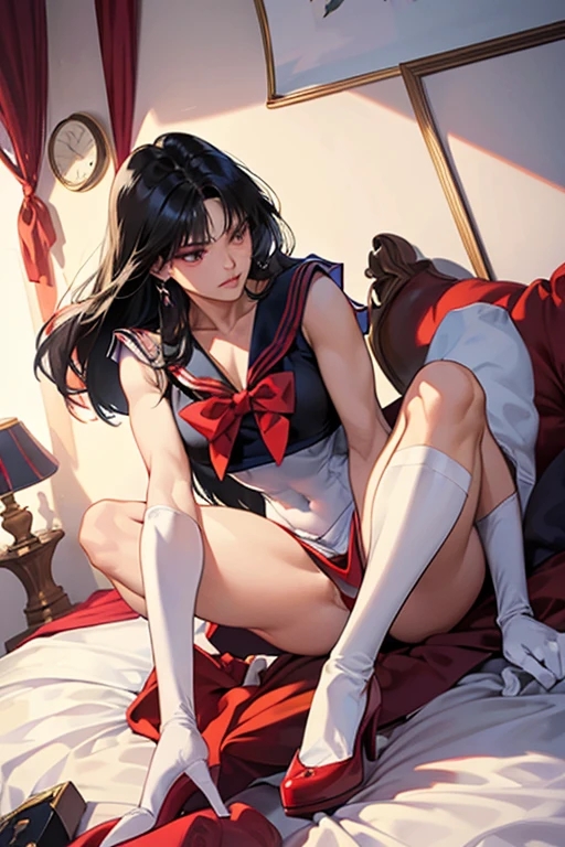 A black-haired, muscular mature woman dressed as Sailor Mars in her room, wearing red high heels and white gloves, flashing her panties with a disgusted look on her face.