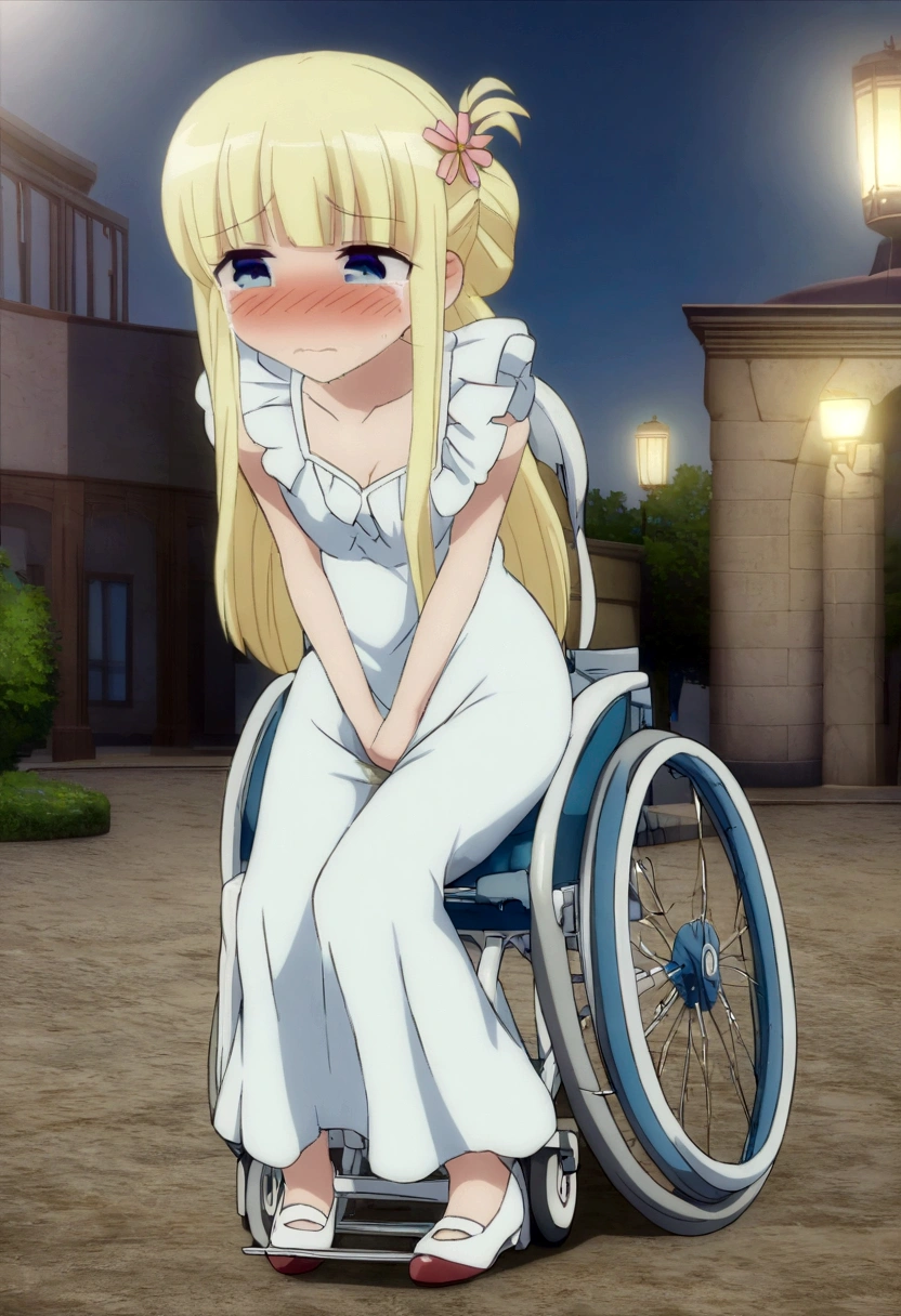 Anime. 1 girl. . Princess. Blonde. Long hair. Blue eyes. Beautiful eyes. Perfect eyes. Expressive eyes. Eyes covered with a faded film. Blind eyes. Blind. Ideal face. Ideal anatomical body. Beautiful long legs. Beautiful body. Beautiful nose. 12 ybarrassment. Blush. Beautiful character design. Shiny skin. Light white dress. Shoes. Hair decorations. Disabled person. Paralytic. Sitting. Wheelchair. Hands on crotch. Urinary incontinence. Wants to pee. She needs to pee. She has a strong, desperate urge to pee. He squeezes his crotch tightly. Rubs copper. Slight lean forward. She peed herself. Fantasy city. A park. Date. He takes off his wet panties. Tears in my eyes. Cry. Snot flows from the nose. Full body. nsfw. Official art. Extremely detailed CG Unity 8k wallpaper. Ideal lighting. Ultra high resolution 4K. Super detailed 8K. A high resolution.