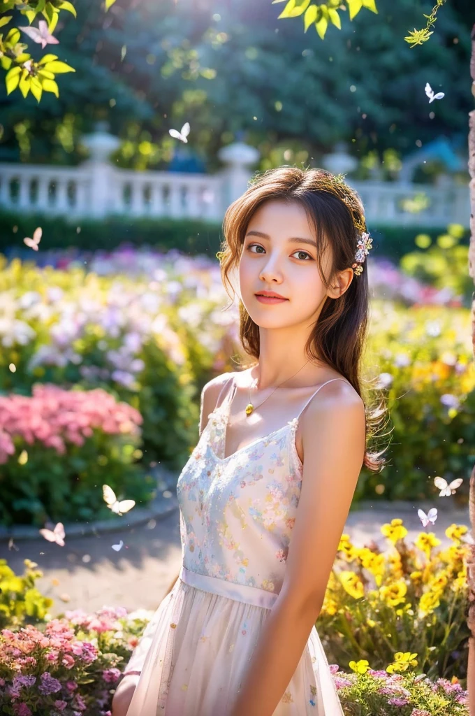 1girl, solo, (masterpiece:1.21), (best quality:1.2), colorful, (illustration:1.2), (cinematic lighting:1.1), (bare shoulders:1.21), (collarbone:1.21), (white sheer dress), (looking at viewer), (charming smile), in this whimsical A beautiful and dreamlike garden, the scene is illuminated by a rainbow (colorful fireflies) dancing in the air. Pastel (drizzle) adorns the garden, creating a hazy and ethereal atmosphere. In the center of the picture, (dynamic pose1.2), standing, an extremely beautiful girl, with lovely facial features and an innocent expression. Her long hair fluttered in the wind. The lighting is very delicate and beautiful, creating a soft warm glow that accentuates the water and makes it sparkle like a diamond. The finest grasses are also illuminated to create a lush carpet. The garden is surrounded by colorful flower fields with flowers of all colors and shapes. Various colors and sizes (coloured butterflies) can be seen flying around the scene, adding to the overall sense of wonder and magic. (Everyone, judges), a blush can be seen on the bridge of the nose, and the mouth is slightly opened, which adds to the overall sense of innocence and youth. Falling petals can be seen waving around her, adding to the overall sense of romance and beauty. The breeze is blowing, the leaves are rustling, and the flowers are swaying, adding to the overall dynamism and vitality. It is a scene of pure wonder and magic, full of color and beauty, where the viewer can lose themselves in this enchanting and captivating world 透ける.