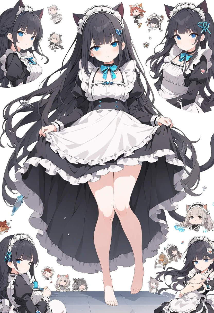 game、Dark fantasy、adultの女性のメイド、cool、A maid outfit with a black base、The background is all white、three views、Full body view、barefoot、White tights with runs、Five fingers、Blue sparkling eyes、Lots of frills、Long black hair、Blue gradation in hair、メイド服にgorgeousな白い刺繍、Maid Headband、The upper chest is visible、Confused eyes、Cold feeling、Modern style、Black choker around the neck、dagger、masterpeace,perfect anatomy,Long sleeve black frill、Selllook、Anime Style、Huge black and white blue string ribbon、Black boots、Cat ear、Absolute area、Plump thighs、Frilled Skirt、Tsundere、blush、adult、gorgeous、8K quality, Beautiful artwork illustration, wonderful, Cool Beauty, Highest quality、Official Art, Vector art, Stylish design, (((The most beautiful maid girl))), (((Highest quality))), High resolution, ((detailed)), (((Doodle Art)), ((masterpiece)), ((Super detailed)), (((Maid Fashion)))