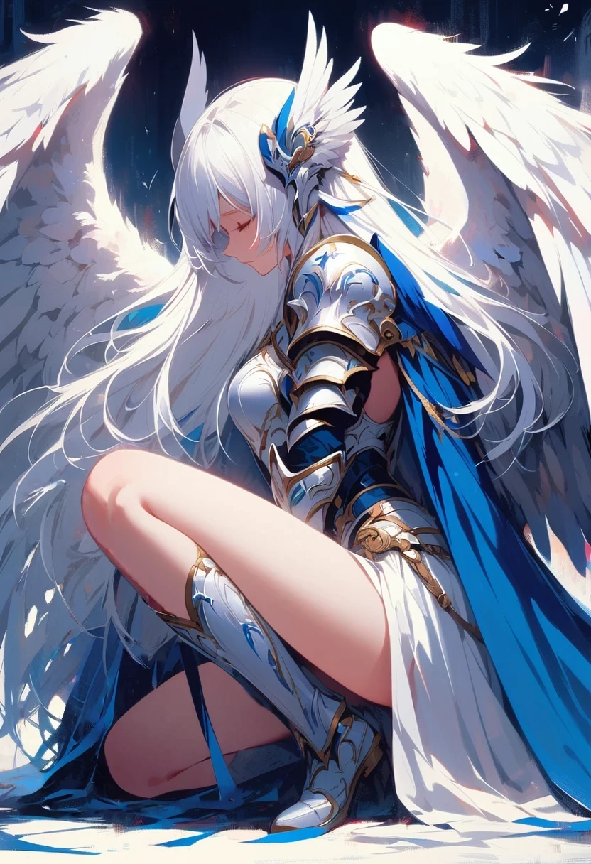 1girl angel angel_wings armor feathers_Long wing feathers_Hair Shoulder Armor Shoulder_Armor single piece_Upper wing separation_The body is white_Theme blue_Wings Wings