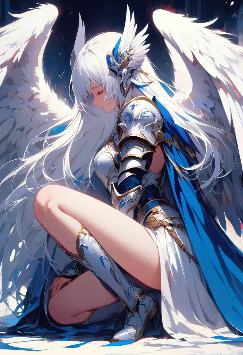 1girl angel angel_wings armor feathers_Long wing feathers_Hair Shoulder Armor Shoulder_Armor single piece_Upper wing separation_The body is white_Theme blue_Wings Wings