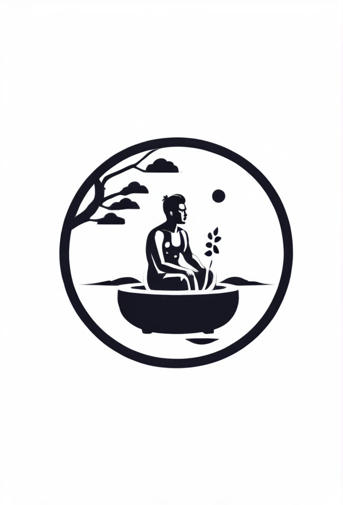 The stylish logo of a private sauna for one person in Japan,
The logo features a silhouette of a small gentlemanly man sitting quietly in a sauna and sweating
Logo with the motif of "Beautiful Japanese Ryokan Garden"
Pretty cool
chic and modern design
White background