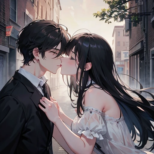 Generate a romantic and tender scene depicting two characters sharing a passionate kiss. Set the atmosphere with evocative details such as the location, time of day, and any relevant emotions or thoughts running through the characters's minds."a handsome, tall boy with black and messy short hair sharing kiss with a beautiful girl with black and semi long hair, sharing kiss to eachother wearing , sharing kisses