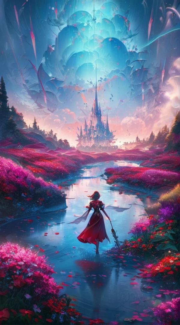 there is a woman walking through a field of flowers with a red umbrella, lost in a dreamy fairy landscape, dreamlike digital painting, beautiful art uhd 4 k, 8k stunning artwork, beautiful digital artwork, jessica rossier fantasy art, inspired by Cyril Rolando, emotional concept art, cinematic beeple, realism | beeple, fantasy digital painting