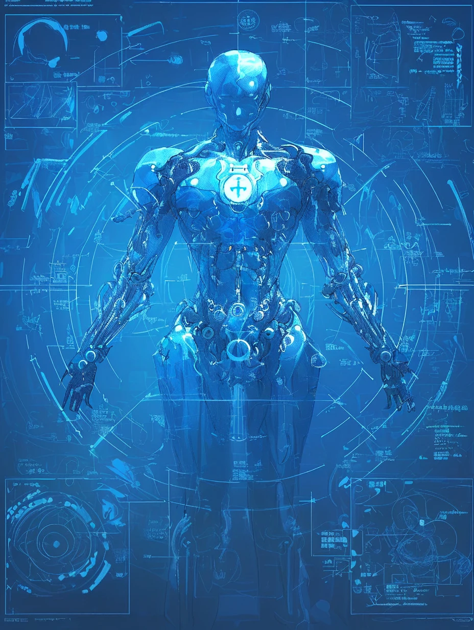 Blue human body on a blue background, Wireframe diagram by Alex Gray, Tumor formation, Digital Medical Devices, Human Symmetry Anatomy, Human anatomy research Strange species Mark Garden equipment mark Unnecessary clothing mark Unnecessary weapon mark Face is wearing a thin mask Machine girl (((no one〜do not have))), (Highest quality:1.2), (masterpiece, Intricate details), (user manual, sketch:1.5), (設計図sketchの写真), (Abstracted, 高度な技術でロボットのsketchを描く:1.3), Parts Description, (Detailed description and description, article, Production drawing), documentation, Design process, high tech, Animal mark