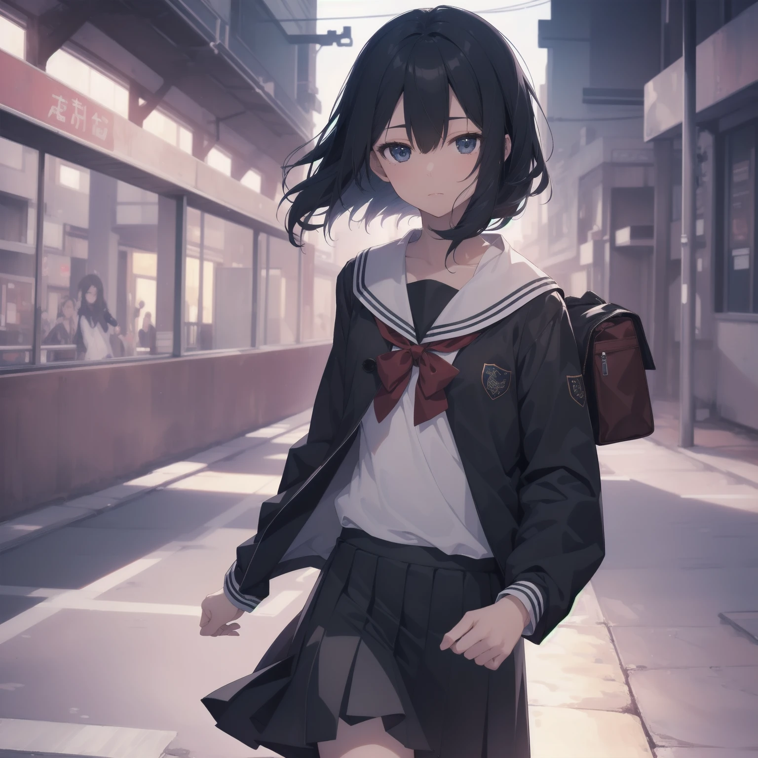 ultra-absurdres-Top quality by artist God, ultra-detailed, high resolution, anime moe artstyle, best anime 8k konachan wallpaper, pixiv contest winner, pool:2810, perfect anatomy,break, 1girl, (Please draw a girl walking sleepily to school alone. )break,(Solo,little female, 13-year-old:1.3),Full limbs, complete fingers,a junior high school student, (very short hair), short cut, flat chest, , small butt, small black eyes, beautiful detailed eyes, well-proportioned iris and pupils, expressive eyes, highres detailed hair, soft expression, salor school_uniform, sailor collar, serahuku, bow, pleated skirt,(Detailed Lighting), (Detailed background), in the School commute route. break,super detailed skin, Best cinematic lighting powered by famous artist, 8k,beauty illustration,photoshop_(medium),very aesthetic,break,((artist:yuuji_(and) )), artist:clamp ,artist:carnelian ,artist:kantoku ,