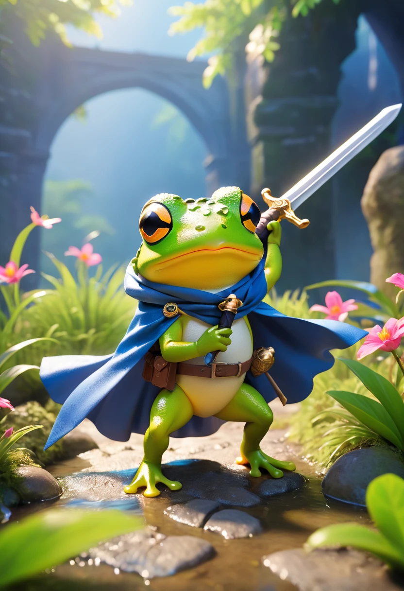 Esbian all over、Cool Frog、Pop Frog、Diorama、Simple Background、bandana、Holding a big sword in his hand、Brave、Cape、Best Quality, Capture the cutest moments, Depth of written boundary, Super detailed, Ultra-high resolution, Octadale, 8k, 16km race