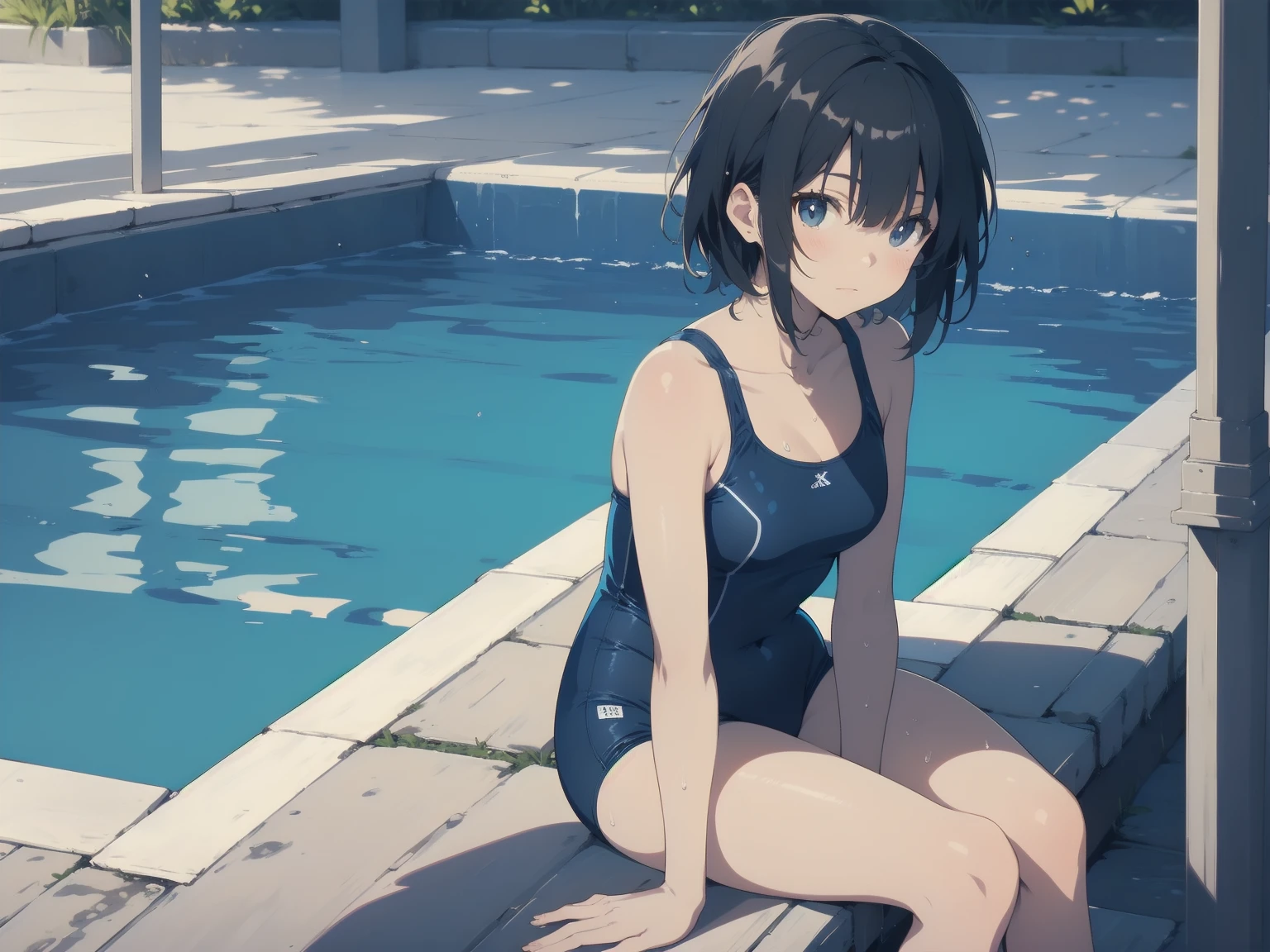 ultra-Top-quality by art God, ultra-detailed, high resolution, shinkai makoto style, anime moe artstyle, best anime 8k konachan wallpaper, pixiv contest winner, perfect anatomy, break,(Please draw a picture of a girl in a swimsuit sitting on a bench by the poolside alone.),break, a hyperrealistic school girl, parted lips, (Solo,ta, kid, 13-year-old:1.3),Full limbs, complete fingers, androgynous charm, very short hair, wet hair, small breasts,slender body, Small butt, groin, Small black eyes,hanme,beautiful detailed eyes, well-proportioned iris and pupils, sleepily, highres detailed hair, swimsuit, wet swimsuit, bare shoulders, thighs, in the school pool. break,dewy skin, perspiration on the skin,skin texture, fine lines, pores, natural imperfections,light reflections, glossy skin, shiny skin,break,super detailed skin, shiny skin, Best lighting powered by famous artist, 8k, illustration,UHD, textured skin,break,((artist:yuuji_(and) )), artist:clamp ,artist:carnelian ,artist:kantoku ,
