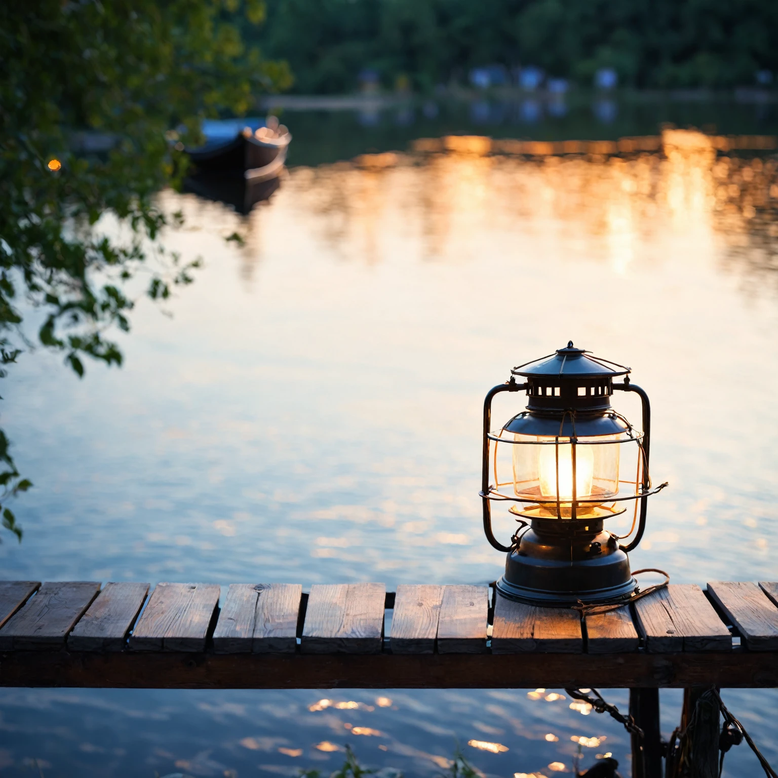 湖边的桌子上放着一盏lantern, lantern besides, warm lanterning, A boat with lights, Peaceful evening atmosphere, Summer lake view, Summer lighting, lantern, Summer environment, warm light, Romantic Lighting, author:Eero Snellman, Beautiful lighting, bokeh on side of the river, tranquil lighting, shutter, Magical scene