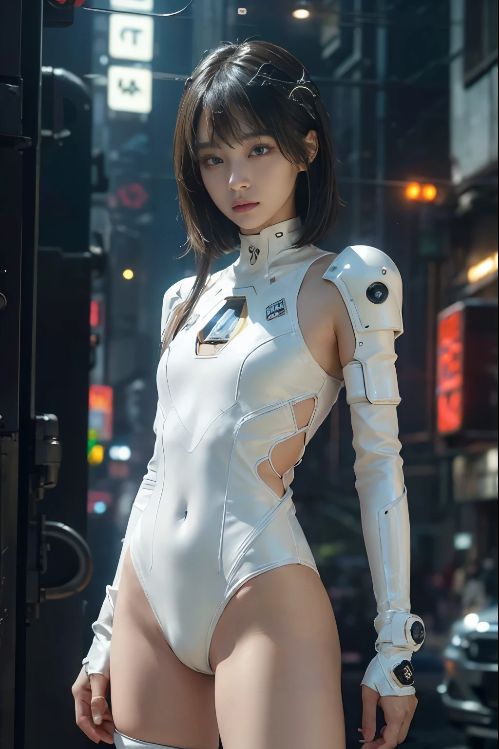 Browsing Caution,((Highest quality、8K、masterpiece:1.3))，Japan Maiden，18-year-old、6.5 lifespan))、Best image quality，Ultra Clear，The facial features are delicate and clear，Exquisite detail，(Camel Toe)、Machine Pattern,Cyberpunk meets goth、Cyber City、(Revealing clothing:1.5)、Slim body、Small breasts、Small Ass、Upright pose、Black Hair、Bob Style、Cropped bangasterpiece、((White leotard))、 ((Plug Suit)), ((Beautiful girl:1.2))、standing、((Cyberpunk Background))、(Neon Light)、Cyberdyne、Beautiful studio soft light、Rim Light、Vivid details、Gorgeous cyberpunk、Ren Hao、Surreal、Anatomical、Facial muscles、elegant、Beautiful background、Octane Rendering