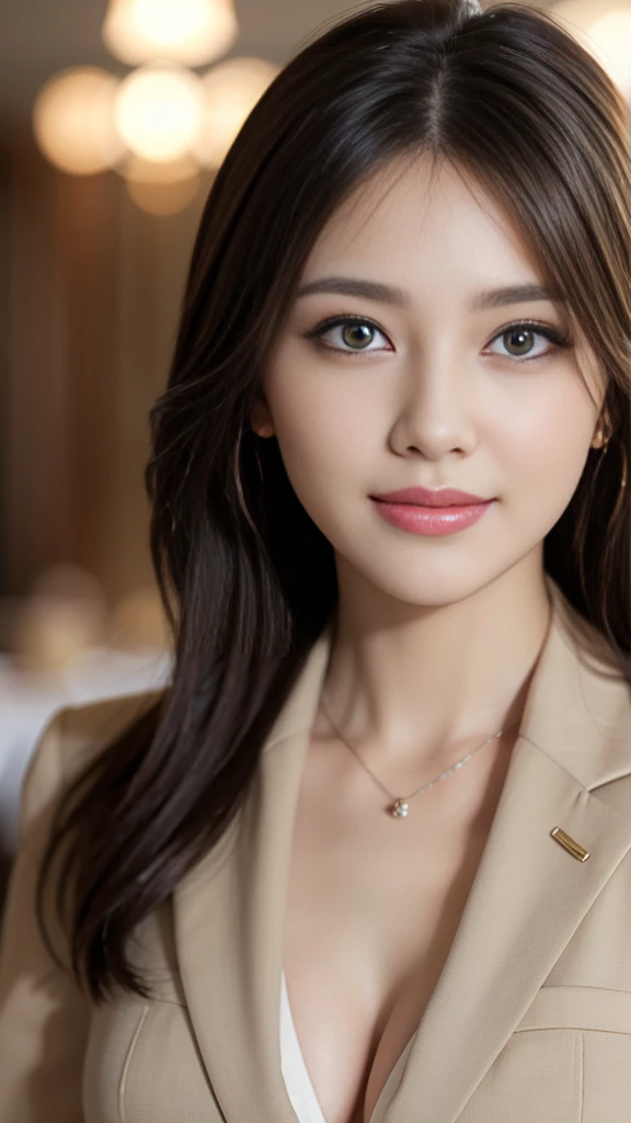 table top, highest quality, realistic, super detailed, finely, High resolution, 8k wallpaper, 1 beautiful woman,, light brown messy hair, wearing a business suit, sharp focus, perfect dynamic composition, beautiful and fine eyes, fine hair, Detailed realistic skin texture, smile, close-up portrait, model body shape