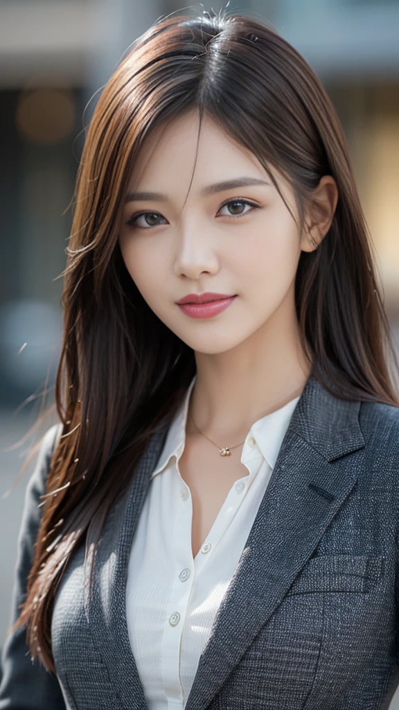 table top, highest quality, realistic, super detailed, finely, High resolution, 8k wallpaper, 1 beautiful woman,, light brown messy hair, wearing a business suit, sharp focus, perfect dynamic composition, beautiful and fine eyes, fine hair, Detailed realistic skin texture, smile, close-up portrait, model body shape