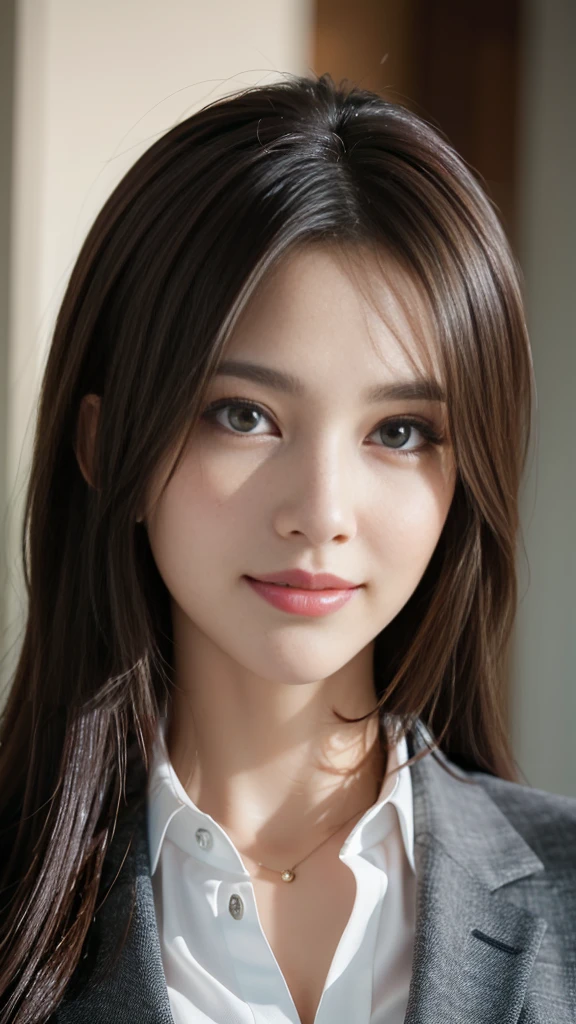 table top, highest quality, realistic, super detailed, finely, High resolution, 8k wallpaper, 1 beautiful woman,, light brown messy hair, wearing a business suit, sharp focus, perfect dynamic composition, beautiful and fine eyes, fine hair, Detailed realistic skin texture, smile, close-up portrait, model body shape