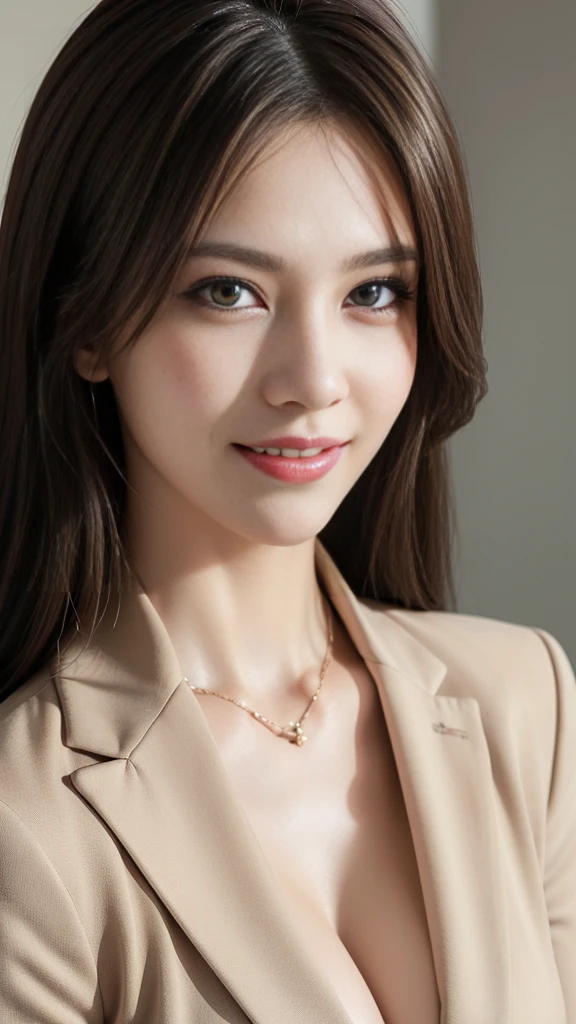 table top, highest quality, realistic, super detailed, finely, High resolution, 8k wallpaper, 1 beautiful woman,, light brown messy hair, wearing a business suit, sharp focus, perfect dynamic composition, beautiful and fine eyes, fine hair, Detailed realistic skin texture, smile, close-up portrait, model body shape