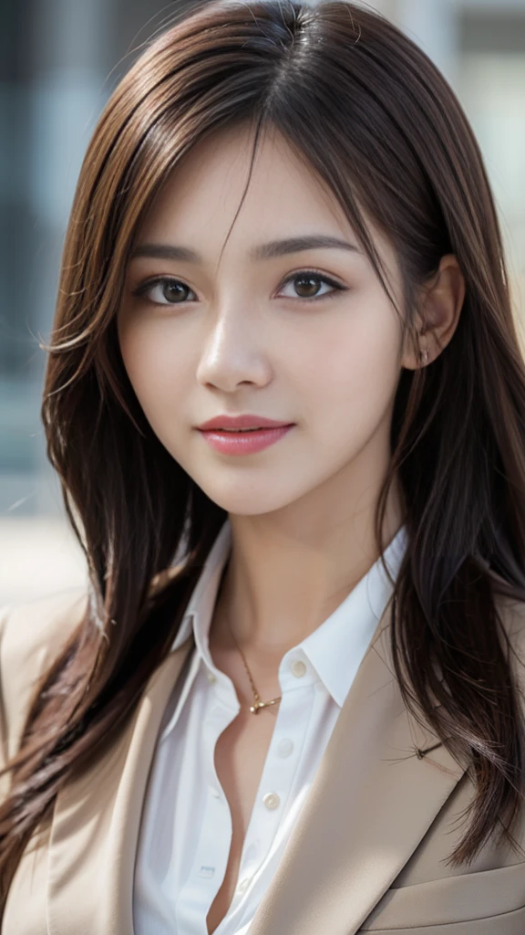 table top, highest quality, realistic, super detailed, finely, High resolution, 8k wallpaper, 1 beautiful woman,, light brown messy hair, wearing a business suit, sharp focus, perfect dynamic composition, beautiful and fine eyes, fine hair, Detailed realistic skin texture, smile, close-up portrait, model body shape