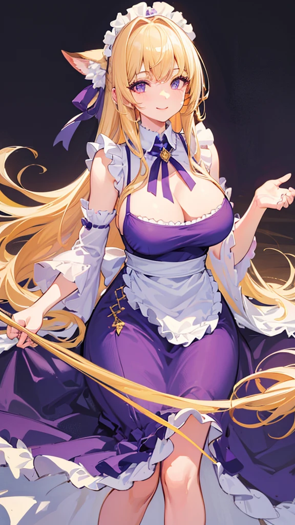 Highest quality, shape, Very detailed, In detail, High resolution, 8k wallpaper, Perfect dynamic composition, Beautiful details, Center of chest, Natural color lip, Random sexy poses,smile,20-year-old girl,Huge , A woman with long, straight blonde hair wearing a purple dress and a white frilly apron