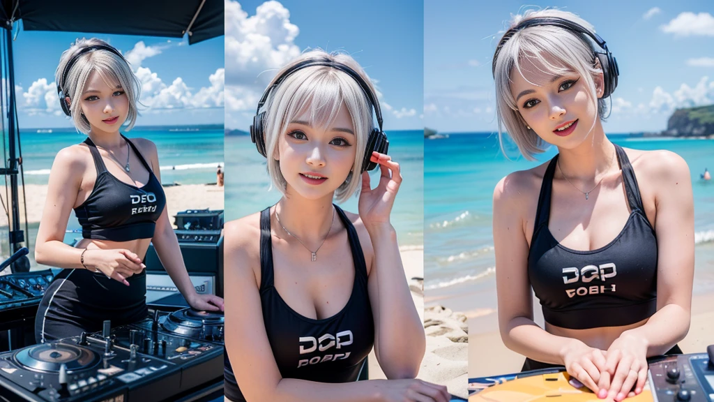 (ultra - detailed, 16K resolution, Cinema lenses, rendering by octane), (high resolution:1.18), intricate detail, (masterpiece:1.1), (highest quality:1.1), (1girl, portrait, white hair, blue eyes, short hair, detailed eyes),Wearing silver DJ headphones, Shiny silver sequined T-shirt, (in the beach:1.5), (Iconic hip-hop pop costumes:1.3), Smile while DJing on stage, DJ studio next to the beach, ((A stylish DJ stage on a hill overlooking the beach)), full body shot, Photorealistic photography by Sunshine, (cute round face:1.3), perfect fingers, five fingers, beautiful hands, perfect hands. master peace, cute smile.