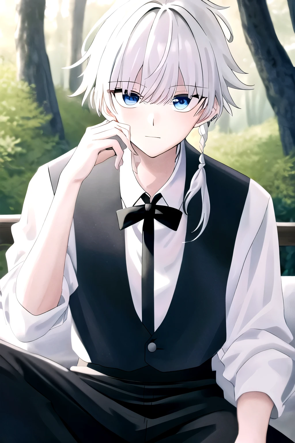 masterpiece,sit in forest, best quality, highres, 1boy,White hair, blue eyes, white shirt, black trousers, black tie, ultra detail, ultra HD, masterpiece, 4k,close up photo,ayanokouji,Two block hairstyle,Middle parted hair 