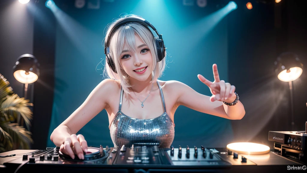 (ultra - detailed, 16K resolution, Cinema lenses, rendering by octane), (high resolution:1.18), intricate detail, (masterpiece:1.1), (highest quality:1.1), (1girl, portrait, white hair, blue eyes, short hair, detailed eyes),Wearing silver DJ headphones, Shiny silver sequined T-shirt, (in the beach:1.5), (Iconic hip-hop pop costumes:1.3), Smile while DJing on stage, DJ studio next to the beach, ((A stylish DJ stage on a hill overlooking the beach)), full body shot, Photorealistic photography by Sunshine, (cute round face:1.3), perfect fingers, five fingers, beautiful hands, perfect hands. master peace, cute smile.