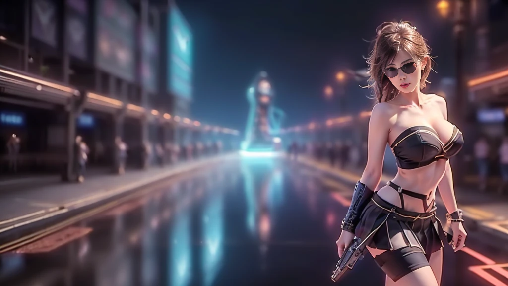 (aerial view). at night, futuristic sci-fi cyberpunk city, broad viaduct, skyscrapers at the end of the viaduct, the movie "13th Floor" style, (((((voltex-spirit-spreading giant clock tower as time machine))))), hq. Matrix style, at night, (1girl, solo), photo realistic, (large-breast:1.2 slim body, cleavage:1.3), (((tube top, extreamly short pleated (((miniskirt)))))), (((((matrix style black sunglasses))))), (((((aiming at camera with a (short:0.8 pistol)))))), (((half-body (thigh level) medium shot))), (cinematic lighting).
