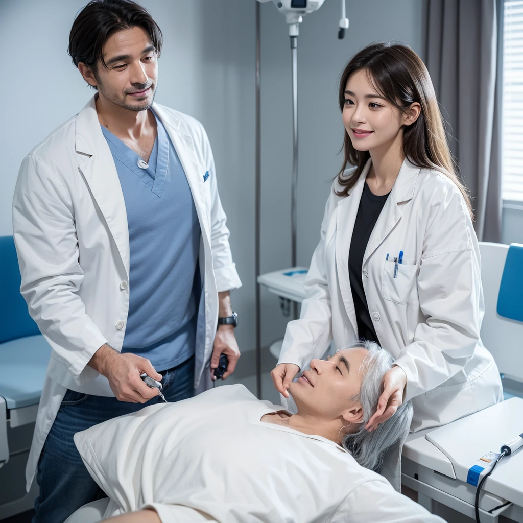 Create an image of a middle-aged male doctor and a young female doctor, both wearing white coats. The male doctor should have a reassuring smile, conveying expertise, in a clean hospital examination room while engaging with a patient and reviewing medical charts. The female doctor should exhibit a gentle smile, reflecting kindness and professionalism, in a hospital waiting area or examination room, using medical equipment and communicating with a patient. Both images should convey professionalism, approachability, and a commitment to patient care.
