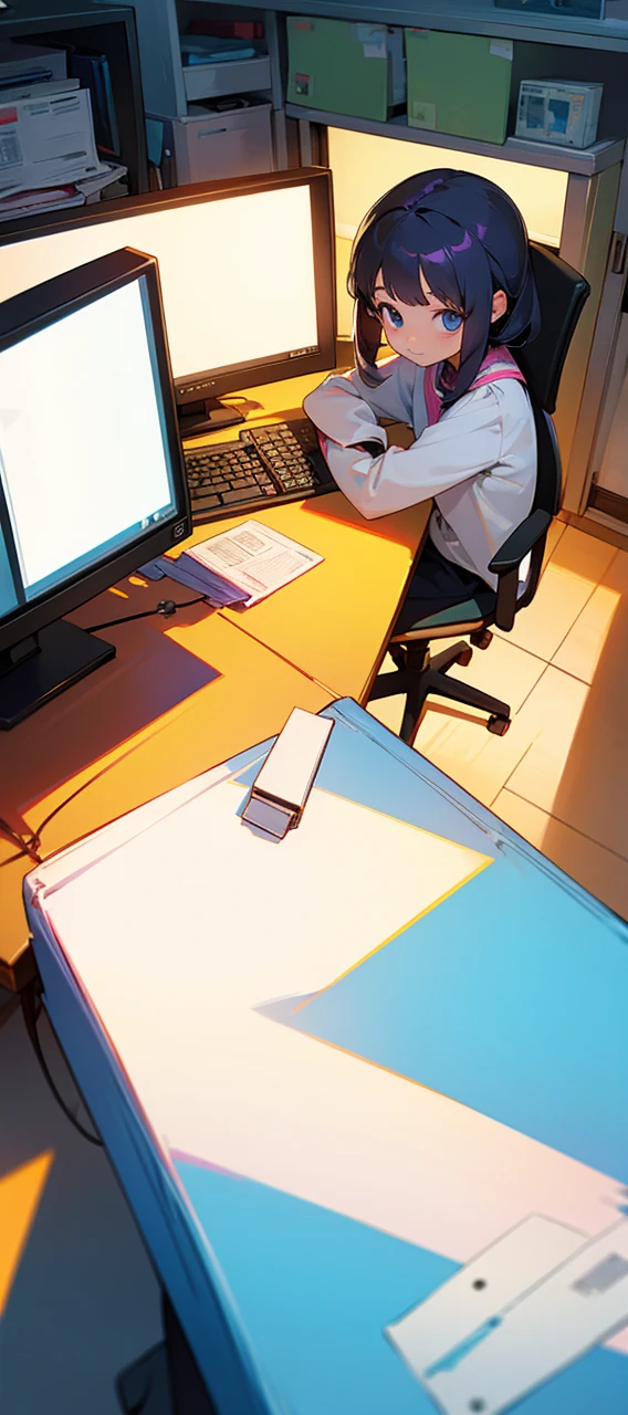 A 6 year old girl sitting in on office working in her computer 