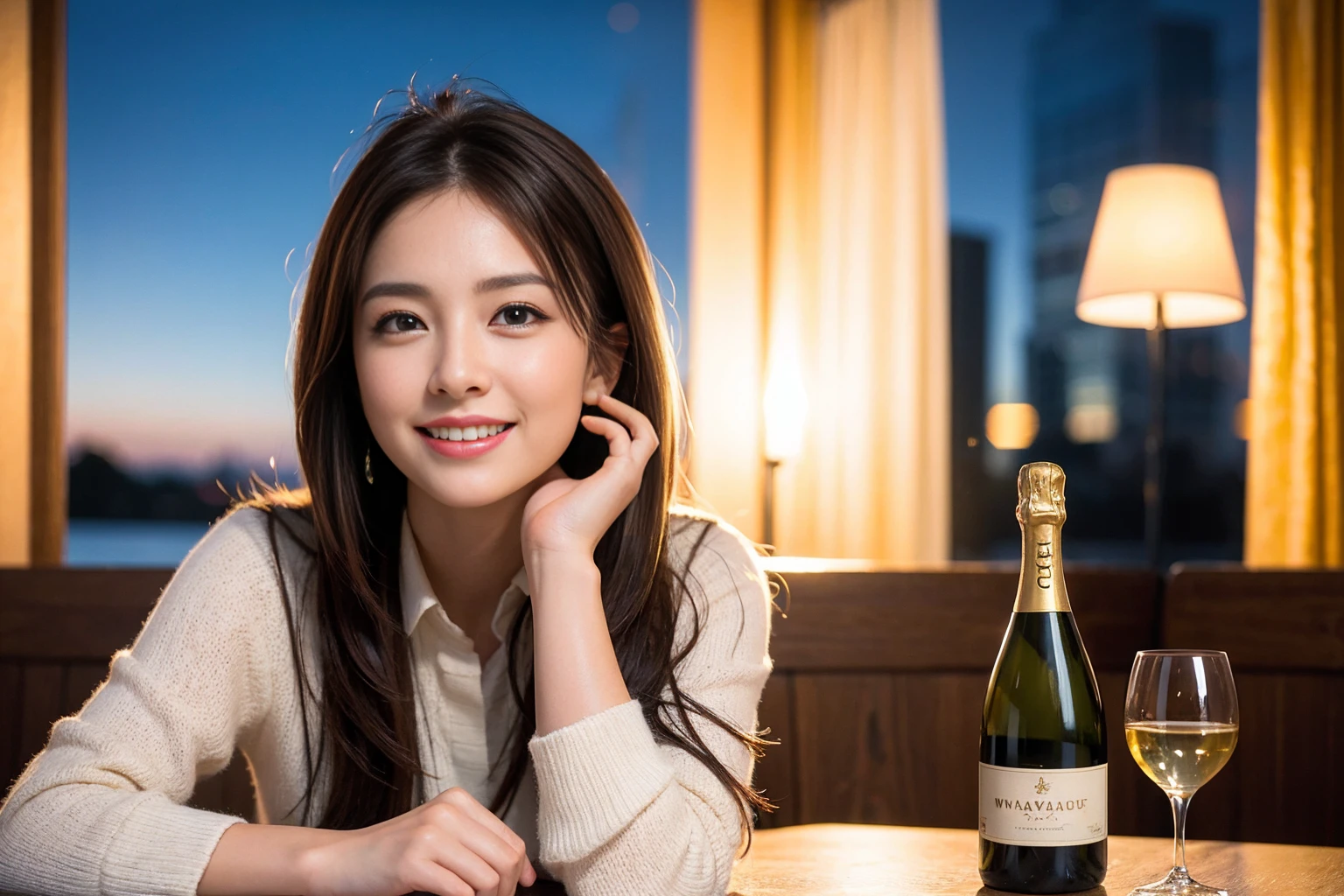 ((Highest quality、8k、masterpiece:1.3))、slimカップル、modelカップル、(Realistic, Intricate details:1.2), full-course dinner、wine 、Amazing view of the sunset sky and clouds、A bright smile、The wonderfulness of smile、Bright image、wineの美しさ, Beautiful Face, blue eyes, The light shines on your face, blush, short hair,Bright Face、 (Age 37), 39 years old, 赤wine 、Appetizers、Italian food、wine bottle、Champagne、スパークリングwine、Two beauties、Brown Hair、Shortcuts、Long sleeve shirt、dress、Beautiful woman 1, (slimな顔), (The body is slim), (Brown Hair), (Shortcuts), cheeks turn a little red,Attractive beauty、restaurant, In a prominent place (From the waist up) Nova Frog Style, actress, model, Upper Body, 白wine, slim, wineグラス, 中央に置かれたwineグラス, smile, (smile: 1.15), Beautiful fine grain, Depth f/2,saturation, High Contrast, Strong light and shadow,Moist Body:1.5、3D texture、Delicate eyes、Brown Hair、The hair is very shiny、