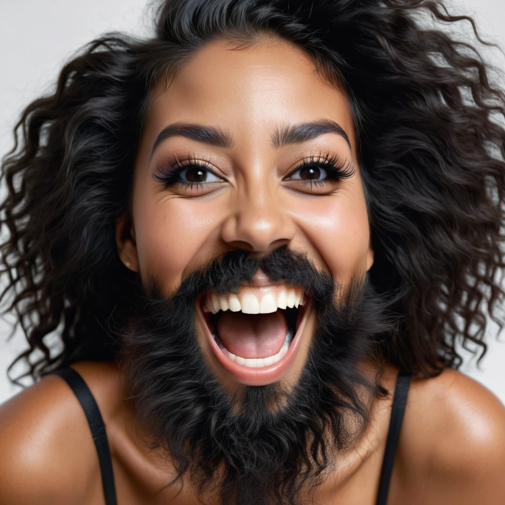 Portuguese woman with a huge shaggy beard, black hair, black eyes, mixed skin, laughing
