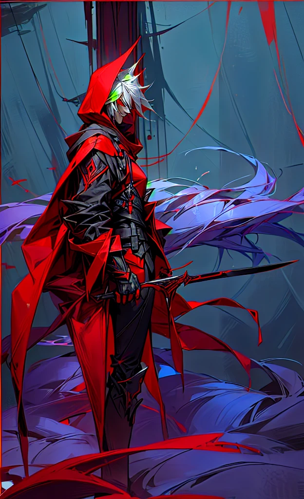 cartoon of a man in a red and black outfit with a blade, emitting evil red aura, red demon cloak, villain wearing a assassin suit, red hooded assassin, crimson attire, assassin