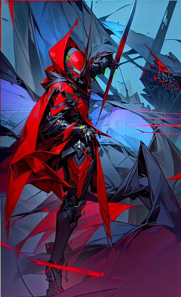cartoon of a man in a red and black outfit with a blade, emitting evil red aura, red demon cloak, villain wearing a assassin suit, red hooded assassin, crimson attire, assassin