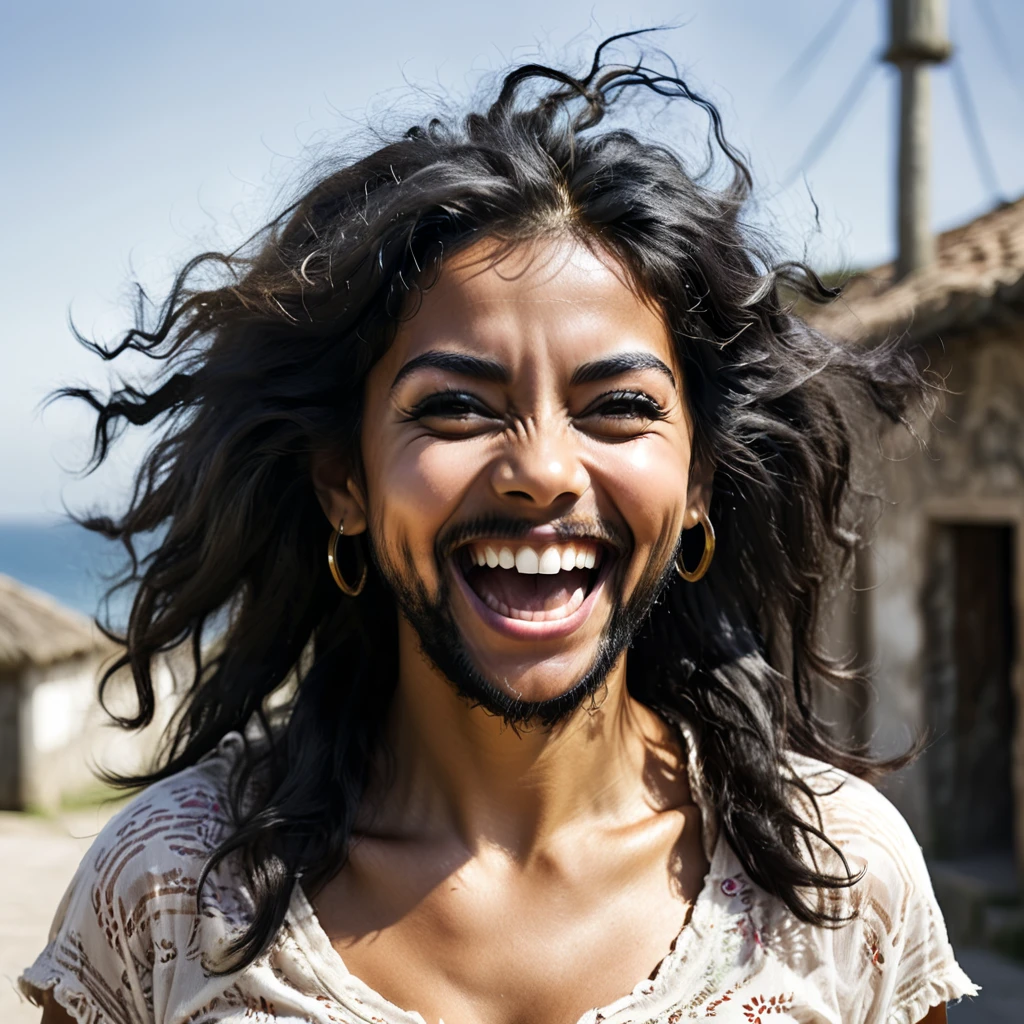 Portuguese woman with a huge shaggy beard, black hair, black eyes, mixed skin, laughing