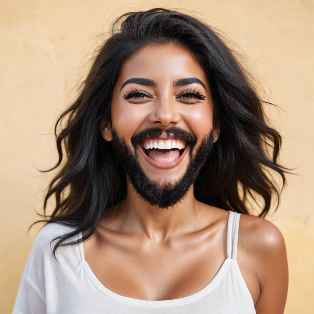 Portuguese woman with a huge shaggy beard, black hair, black eyes, mixed skin, laughing