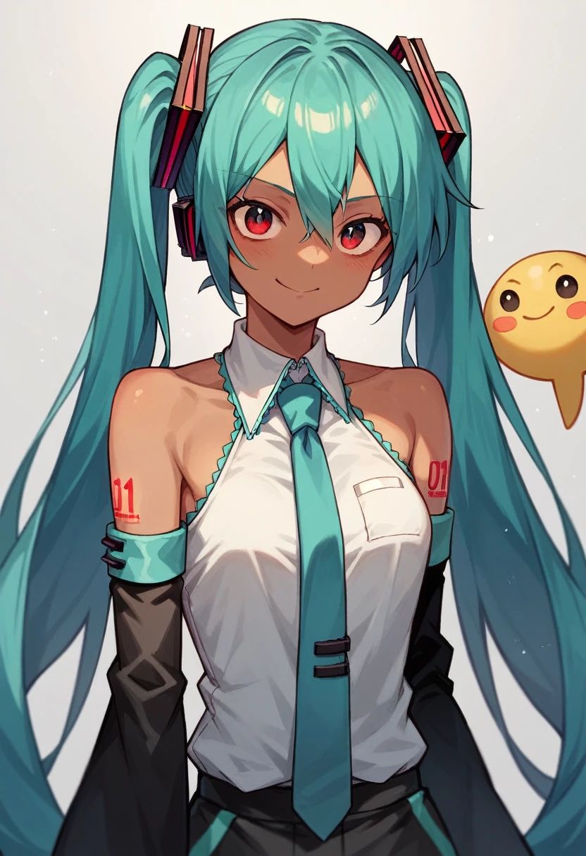 Masterpiece, Hatsune Miku, white shirt, blue tie, bare shoulders, separated sleeves, evil smiley face, dark skin, red eyes, black eyes, pupil orange,
