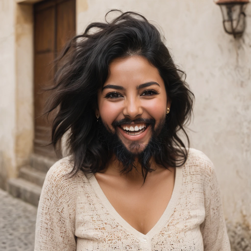 Portuguese woman with a huge shaggy beard, black hair, black eyes, mixed skin, laughing