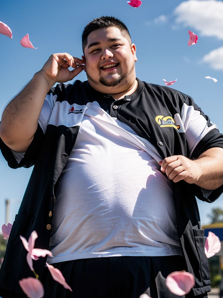 Best quality, Ultra-high resolution, Young obese man,Big Fat Man,Smile,Uniforms,Flower petals all over the sky,sunny,