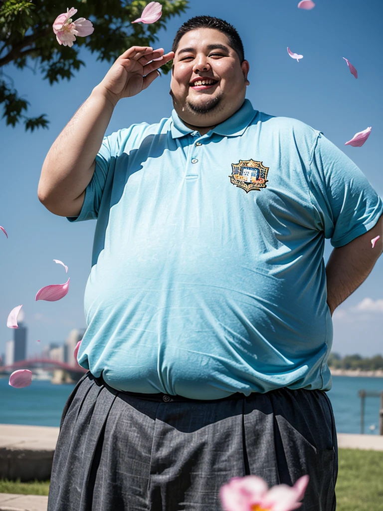 Best quality, Ultra-high resolution, Young obese man,Big Fat Man,Smile,Uniforms,Flower petals all over the sky,sunny,