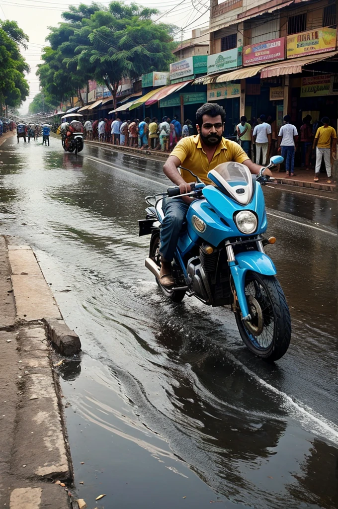 A tamilnadu city and many peoples,cars,bikes and the roads been cleaned with river 