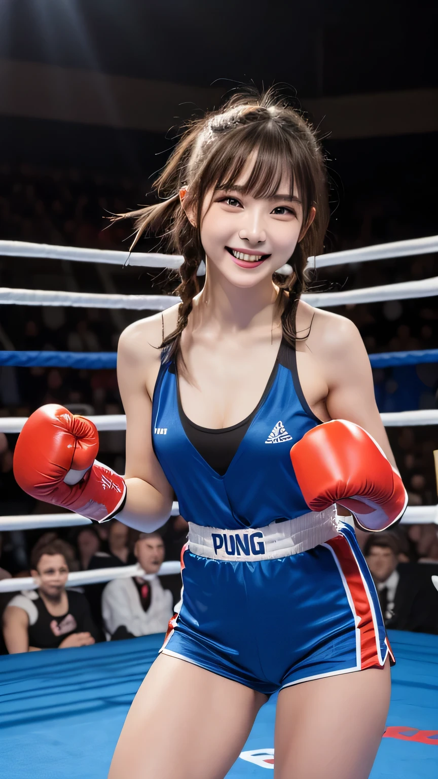 Best picture quality (8K, high resolution, Masterpiece: 1.2), super detailed, 215 Short Hair,Three braids long hair, 16-year-old woman,
situation: Sparring in the boxing ring。
detailed:
angle: A frontal shot of the moment the punch is thrown。
atmosphere: Fighting spirit in the face and powerful movements。
background: Boxing ring and corner posts。
The thunder danced beside her。Active Pause Focus on upper thighs
, random cute pose ,big eyes ,Puffy eyes , Heart Pupil, blush , huge shy smile , salute
