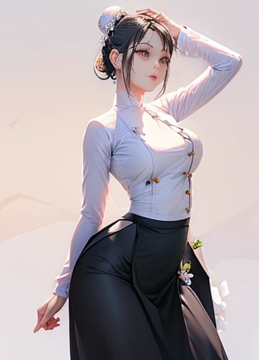 Masterpiece, top-quality, the best quality,1girl, solo, crossed arms, dress, white background, black hair, long hair, looking at viewer, simple background, chinese clothes, long sleeves, breasts, china dress, hair bow, cowboy shot, bow, red lips, side ponytail, parted lips, floral print, bangs, ponytail, blue bow, black dress, standing, lips, side slit, medium breasts, white shirt, shirt, belt, black eyes,watching the audience