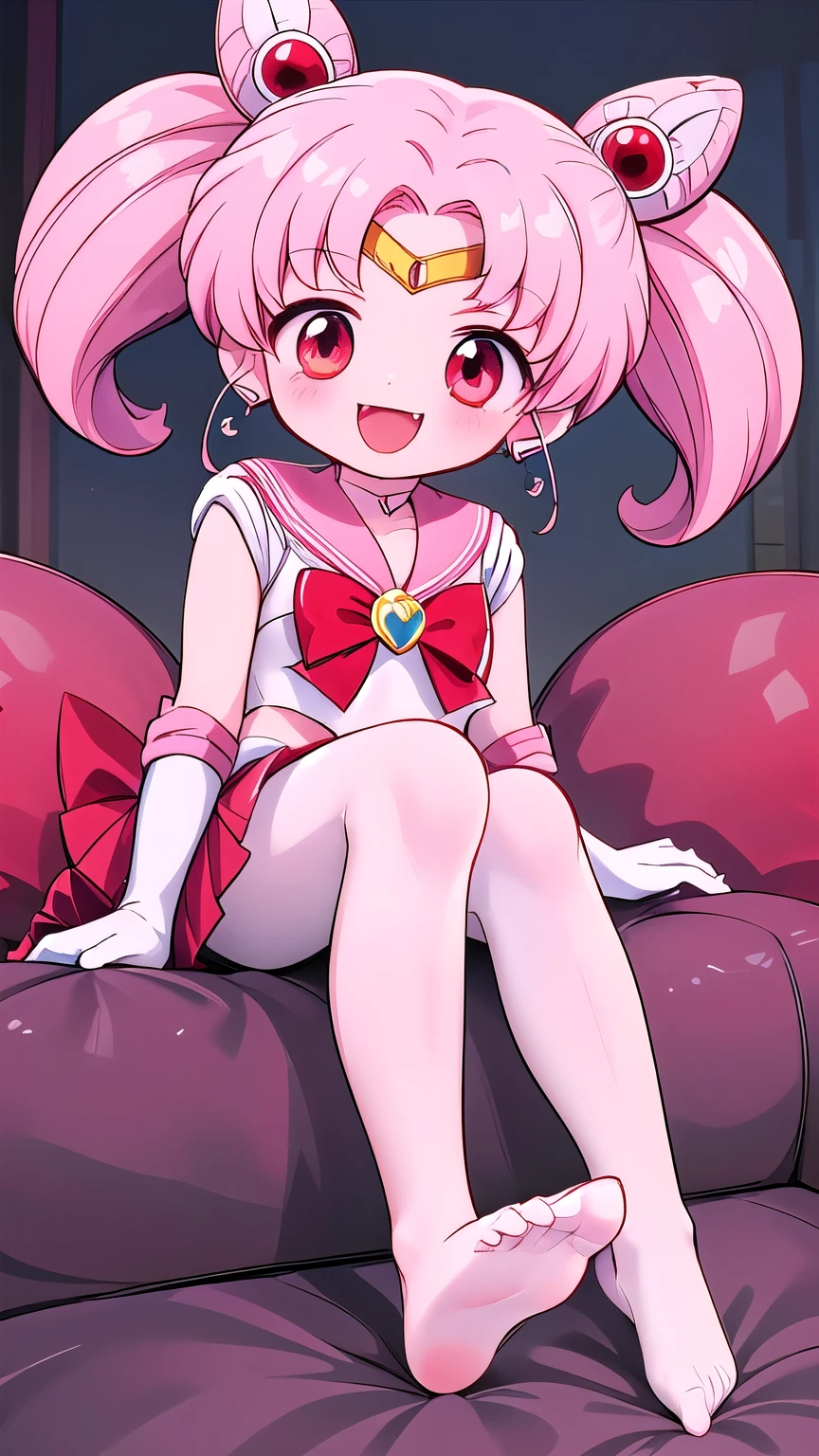 high quality，Sailor Moon，young年，，cute，Metal hairpins，（little girl），（LLoli），Pink Hait hair，（Red hairpin），（Double tail），Sailor Suit，Red bow，White elbow gloves，Red Skirt，(White pantyhose:1.5)，(young)，(Small)，（Short legs）（No shoes），Smile，Open your mouth，Fangs，sit，（Soles of the feet:2.0），（Raise your legs high），（Thick white tights:1.5）（Close-up of the soles of the feet:1.5）