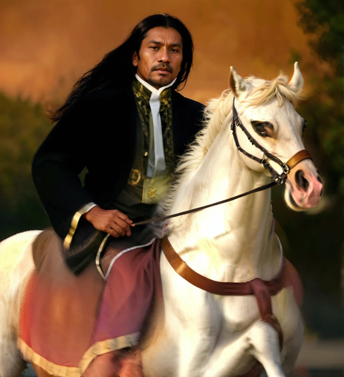 An Indonesian Muslim man, aged around 40 years or above, natural brown skin, is riding a strong and strong white horse, this man is wearing clothes with the nuances of a king, there is an heirloom keris tucked behind him, above him is hanging a hat made of From the straw, it looks like a horse is running fast. Guardian black background. HD quality realistic images.